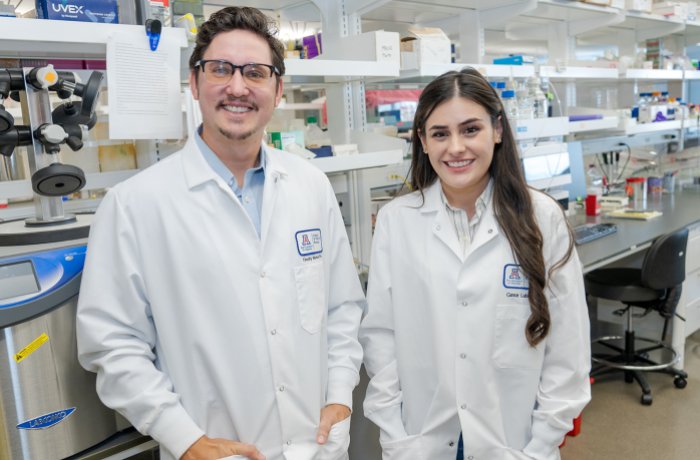 Timothy Marlowe, PhD, and Lauren Reyes are studying a new therapy that disrupts the connection between two key proteins in cancer cells.